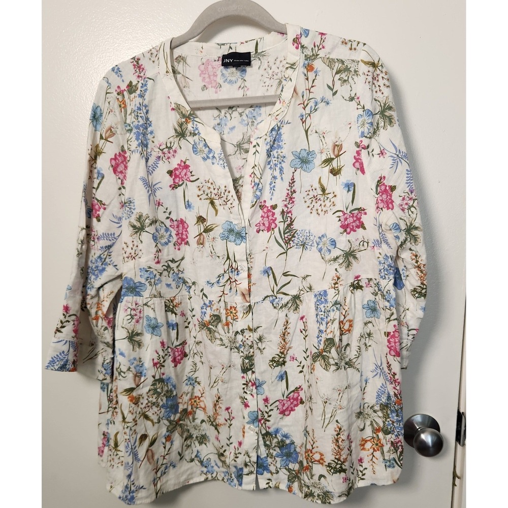 Jones New York Linen Rayon Tunic Women's 1X Floral V-Neck 3/4 Roll Tab Sleeve